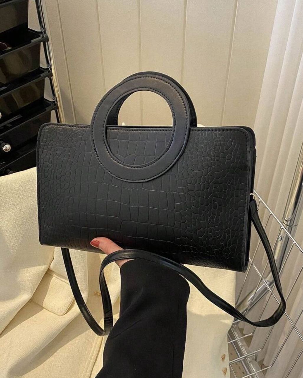 Classic Croc-Embossed Circle Handle Handbag