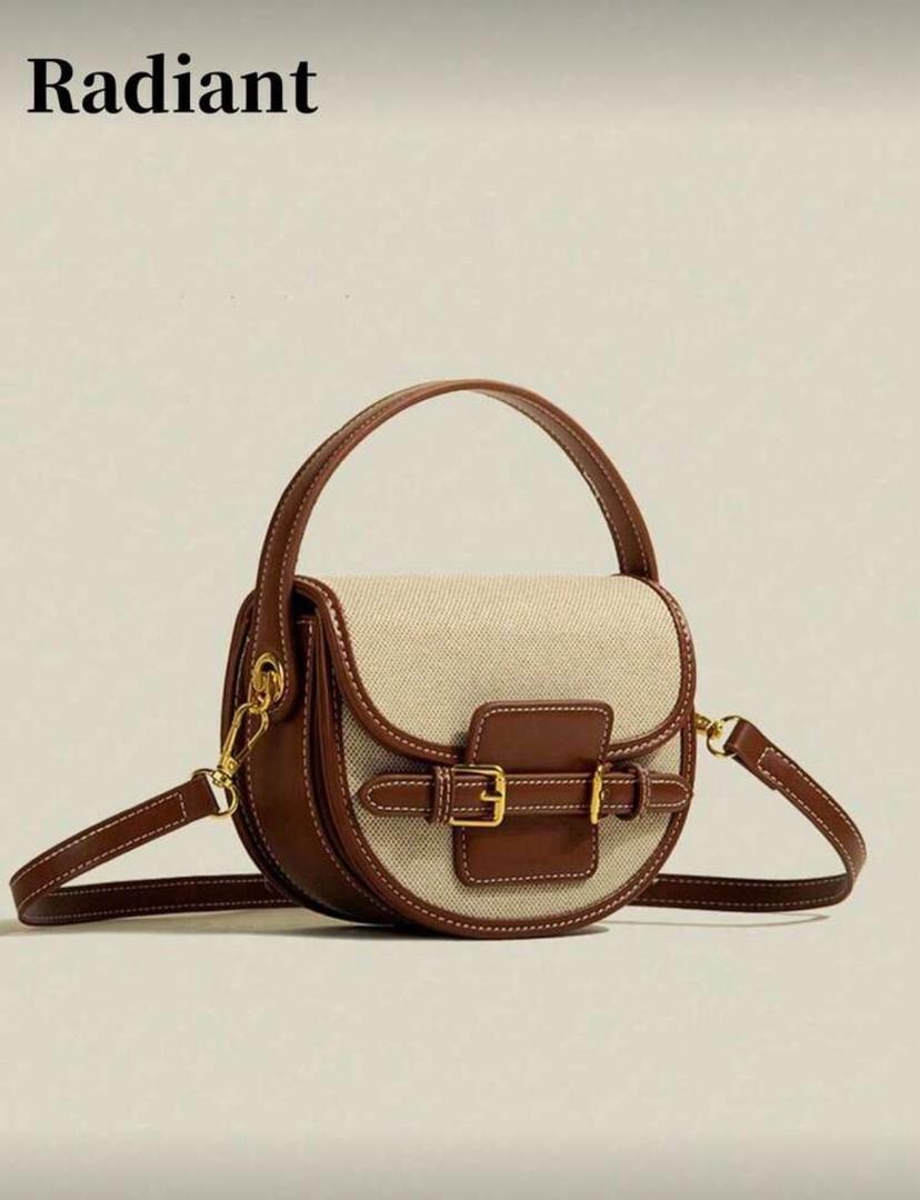 Classic Canvas & Leather Round Top Handle Crossbody Bag